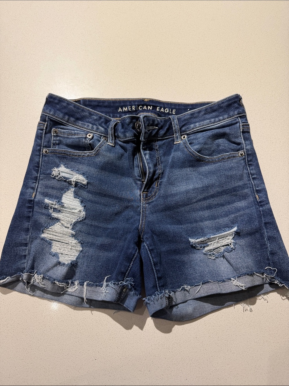 American Eagle Outfitters Dark Blue Distressed Denim Jean Shorts
